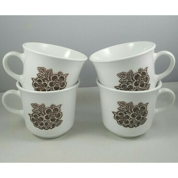 4 Vintage Corelle Batik Coffee Mugs Cups 8 Oz Brown White Floral CorningWare - Picture 1 of 7